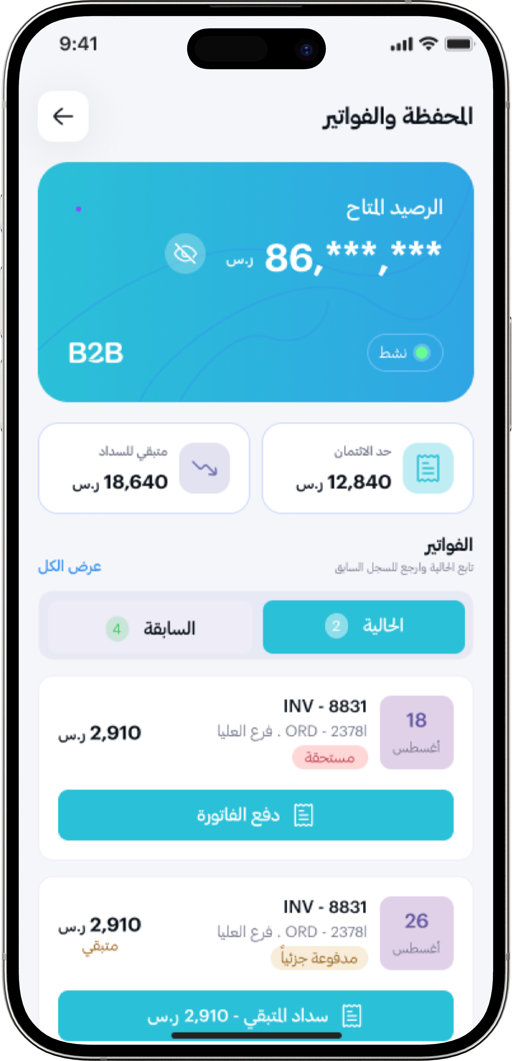 شاشة المحفظة المالية في تطبيق B2B